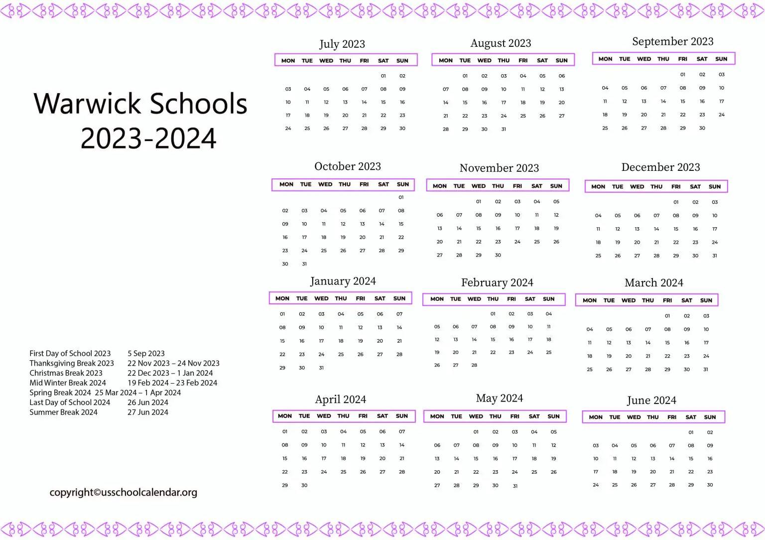 Warwick Schools Calendar with Holidays 20232024