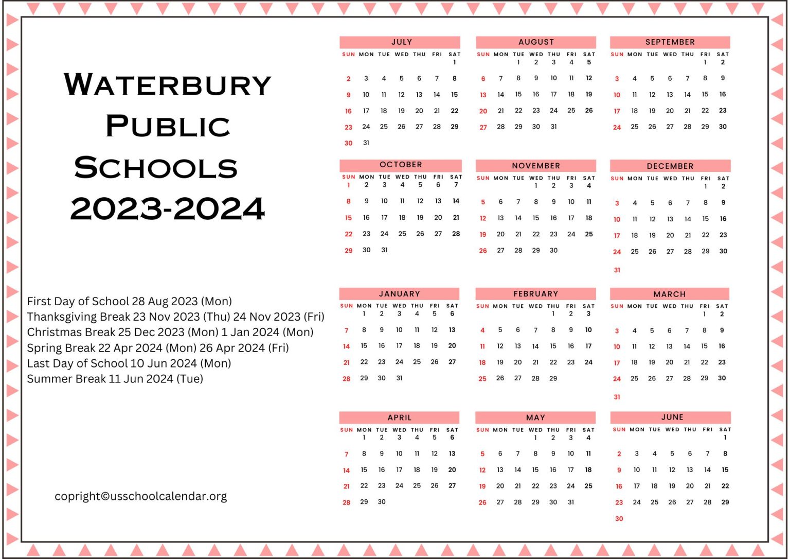 Waterbury Public Schools Calendar with Holidays 20232024