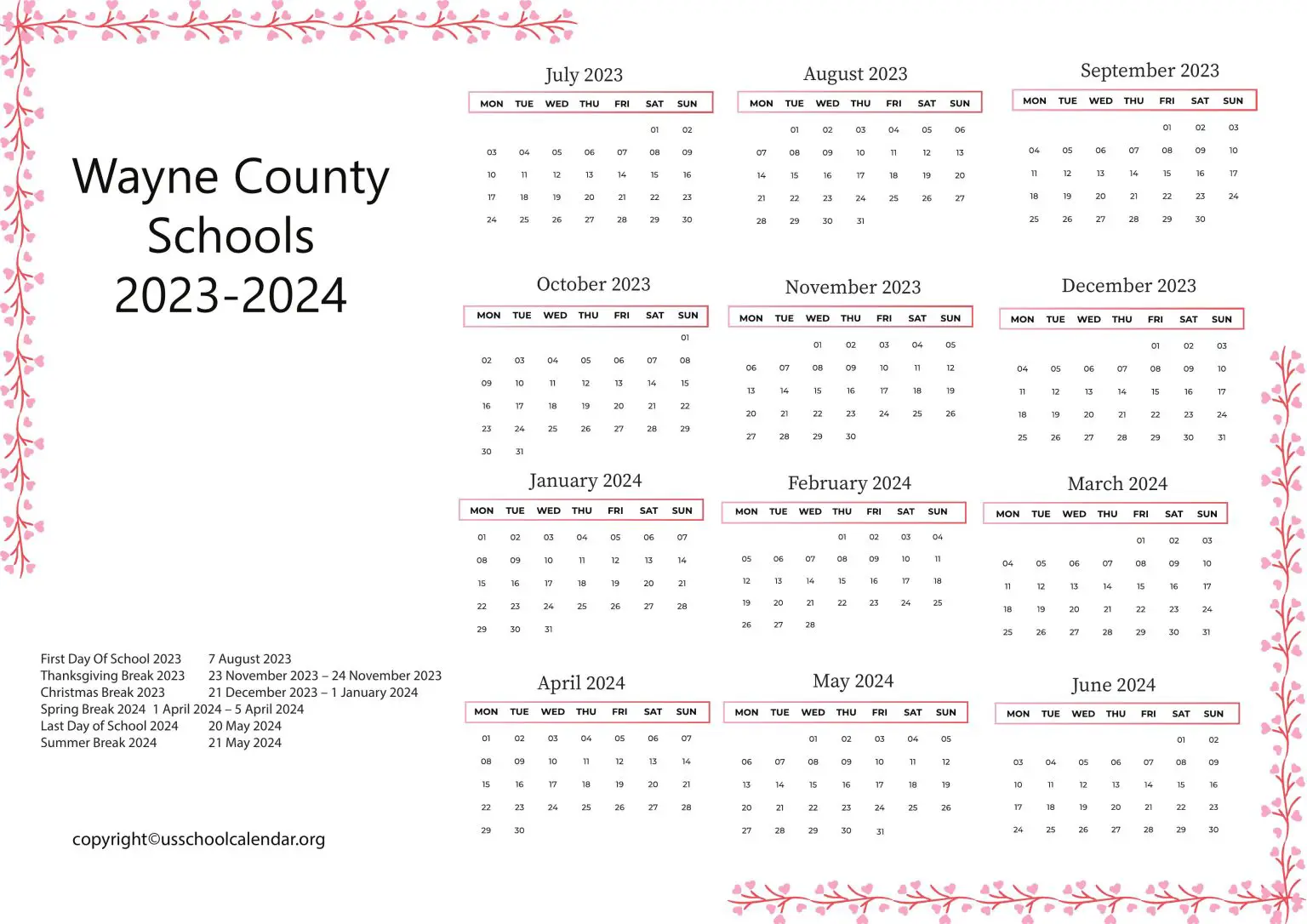 Wayne County Schools Calendar with Holidays 2023 2024