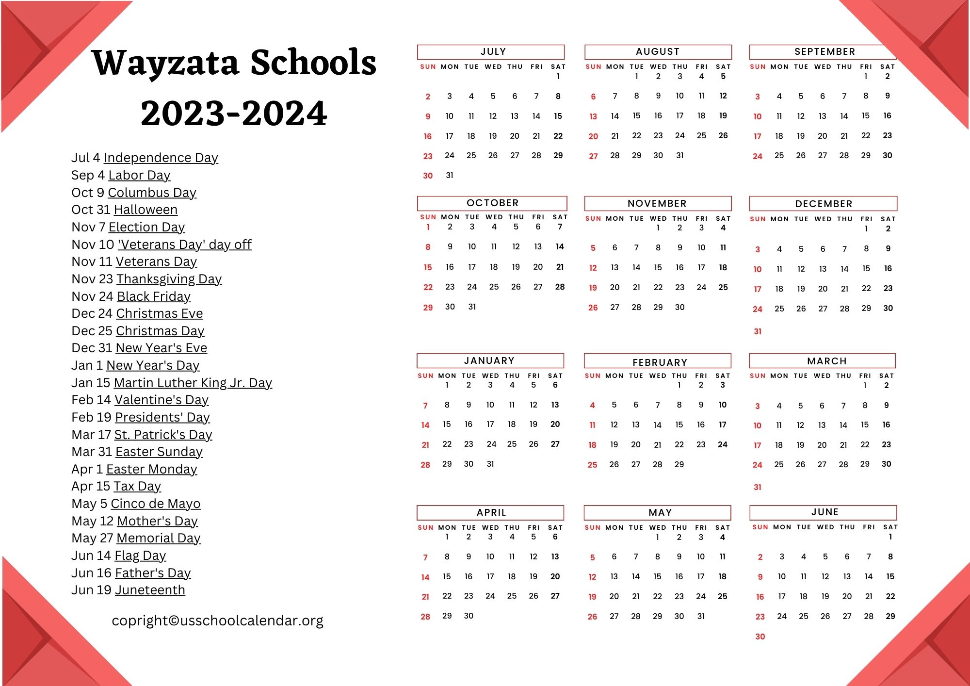 Wayzata Schools Calendar with Holidays 20232024