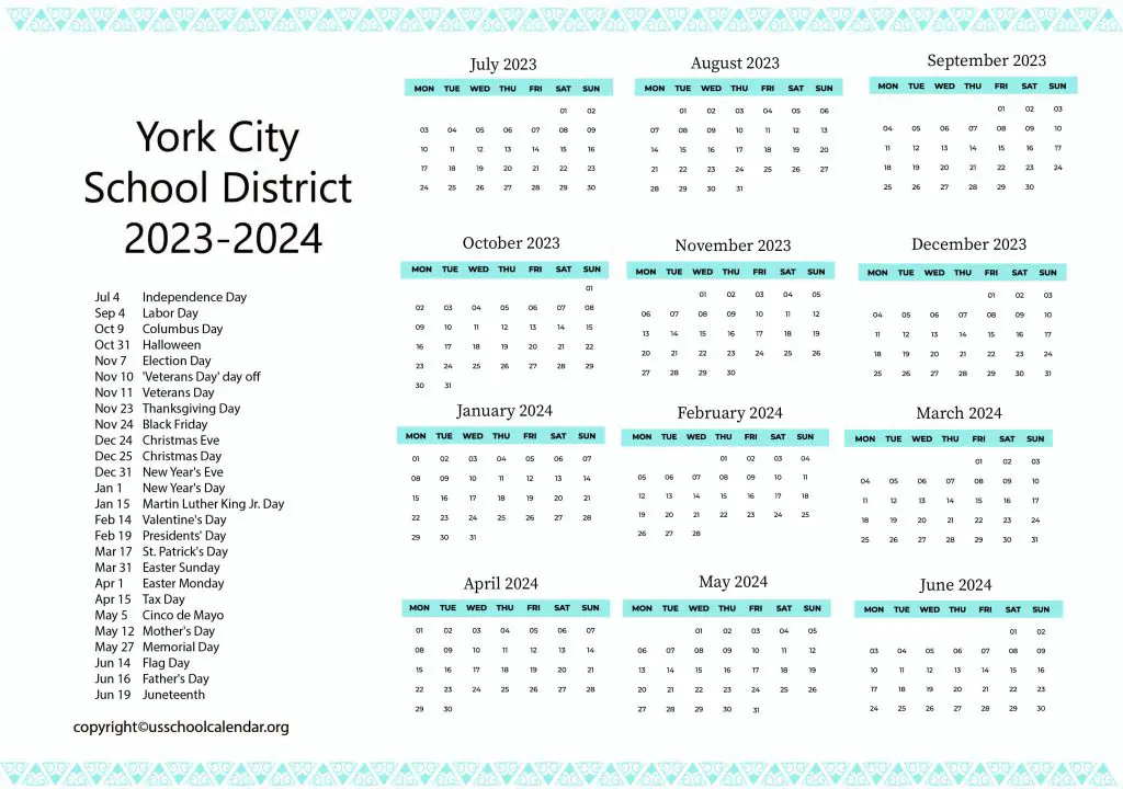 York City School District Calendar