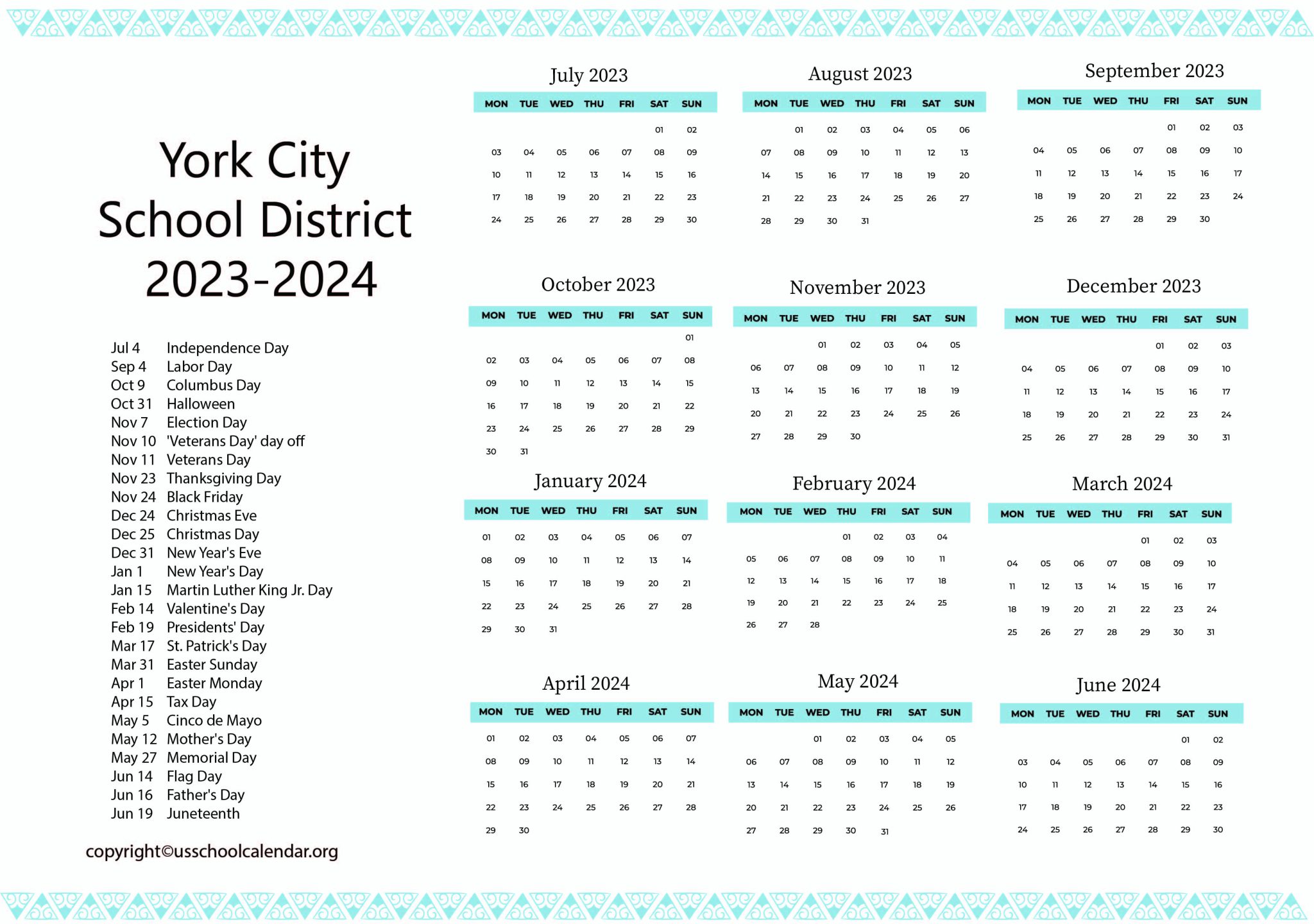 York City School District Calendar with Holidays 20232024