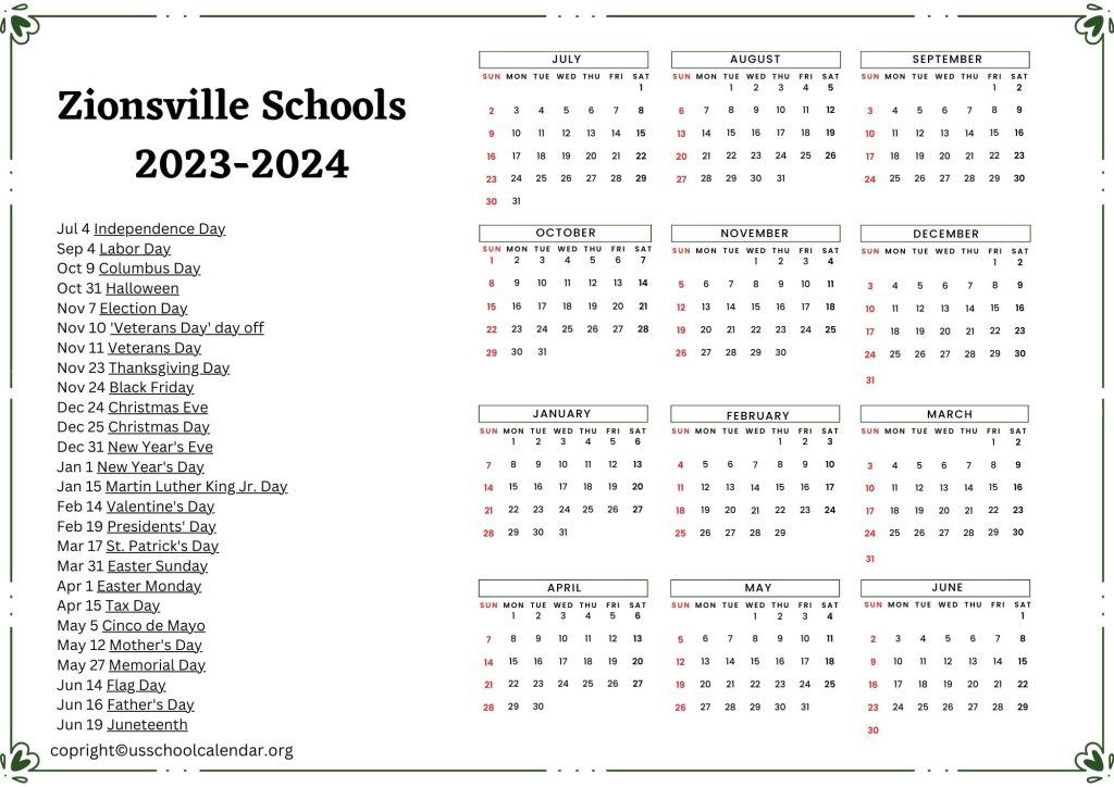 Zionsville Community Schools Calendar