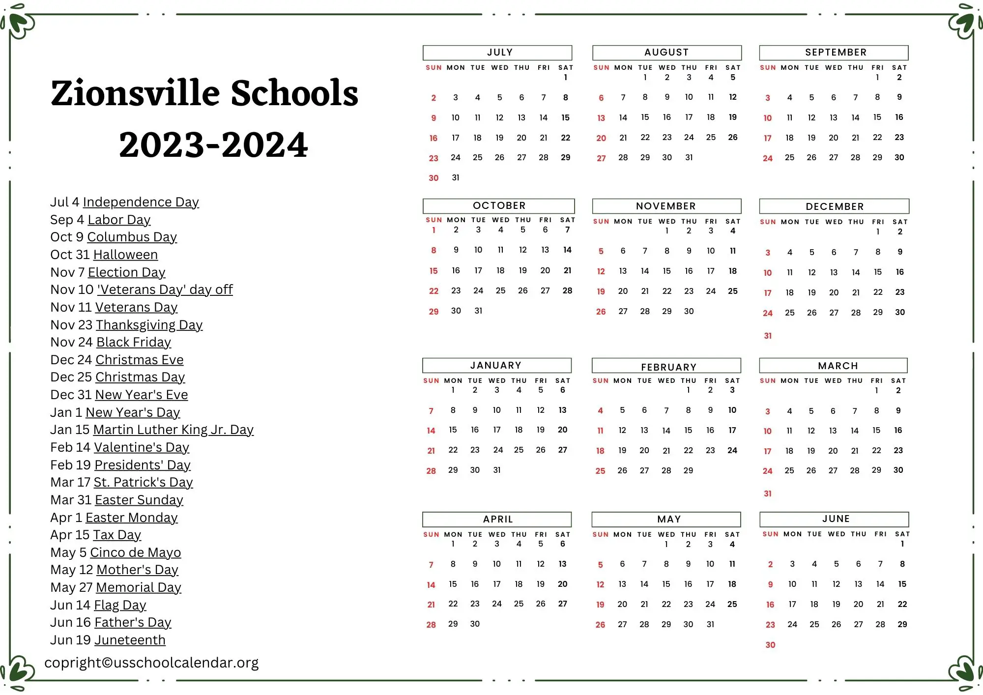 Zionsville Schools Calendar with Holidays 2023 2024