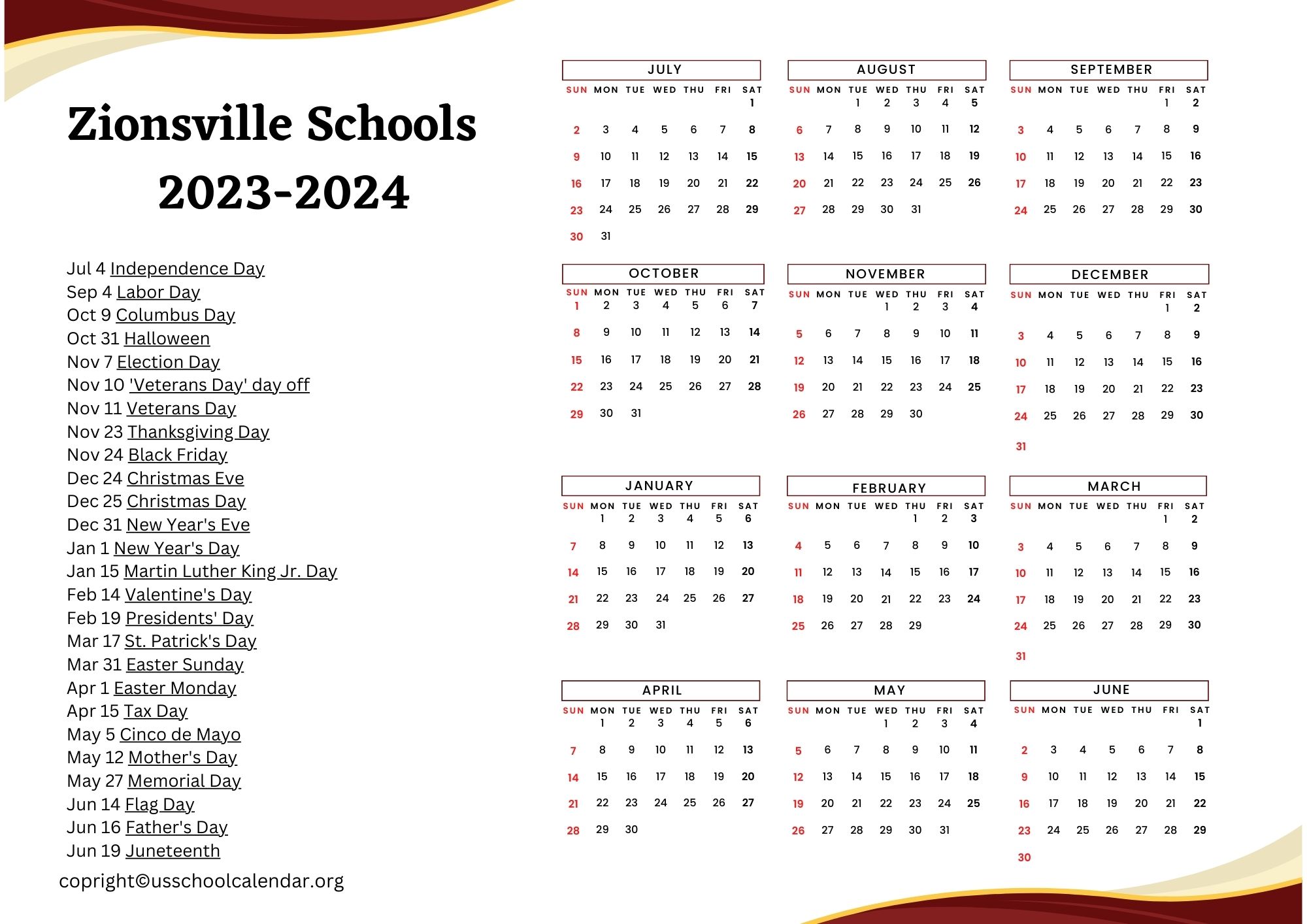 Zionsville Schools Calendar with Holidays 20232024