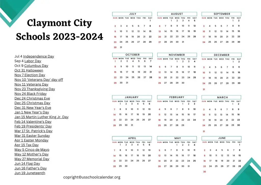 Claymont City Schools Calendar