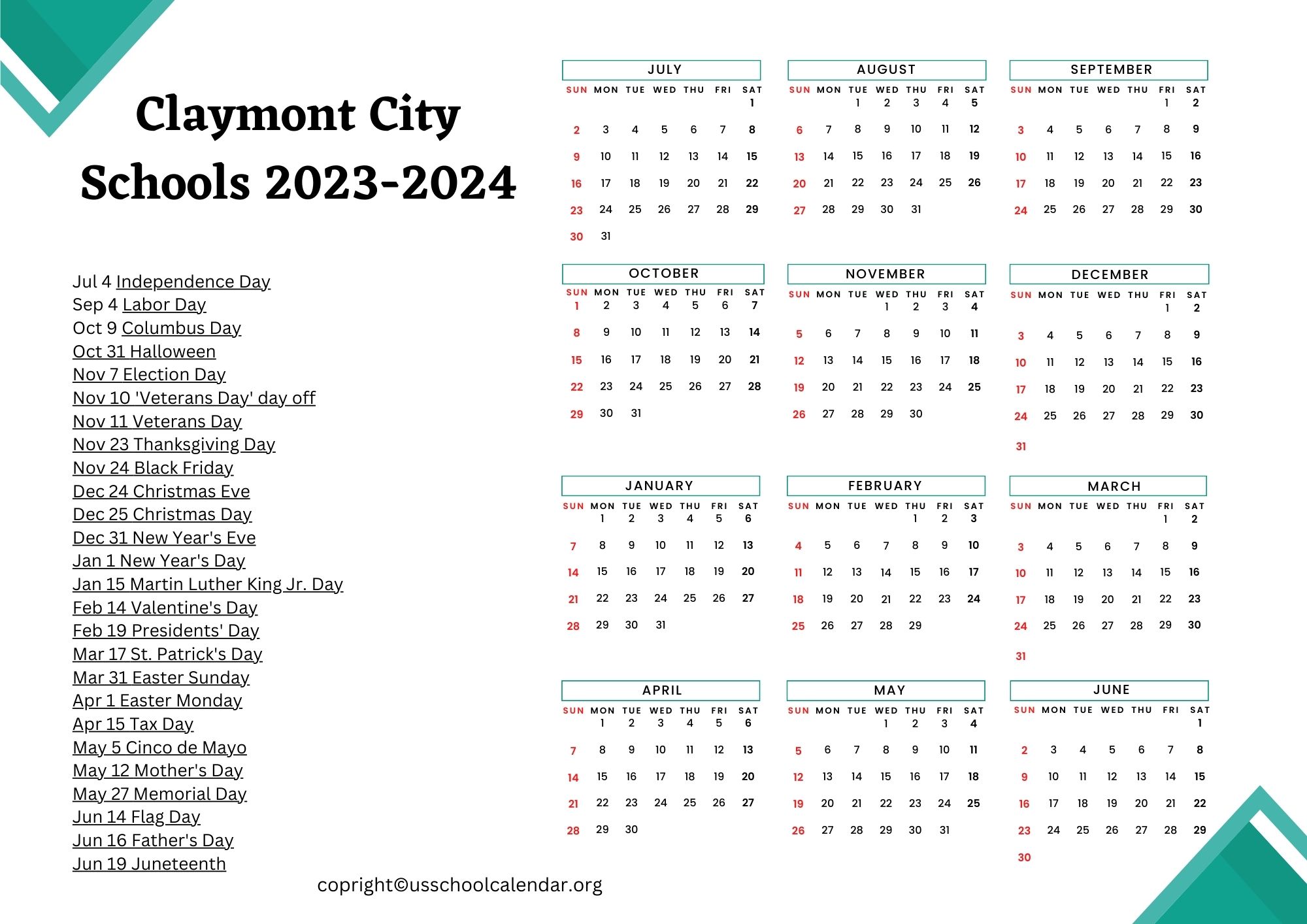 Claymont City Schools Calendar with Holidays 20232024