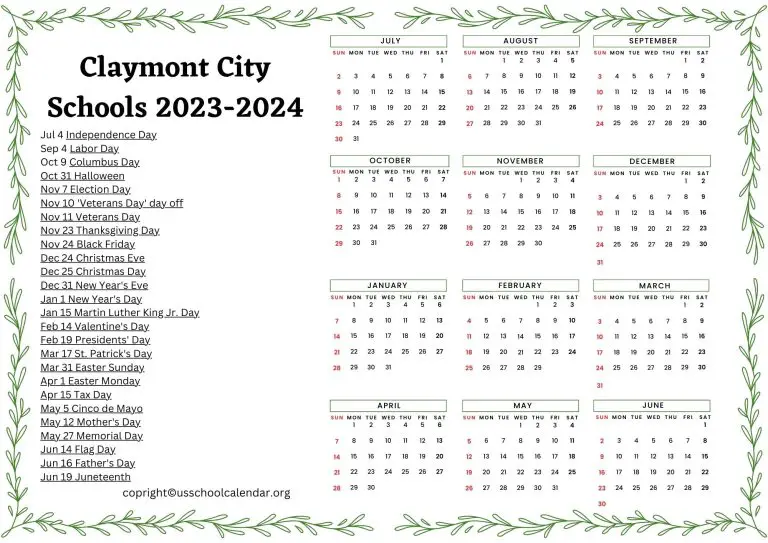 Claymont City Schools Calendar with Holidays 20232024