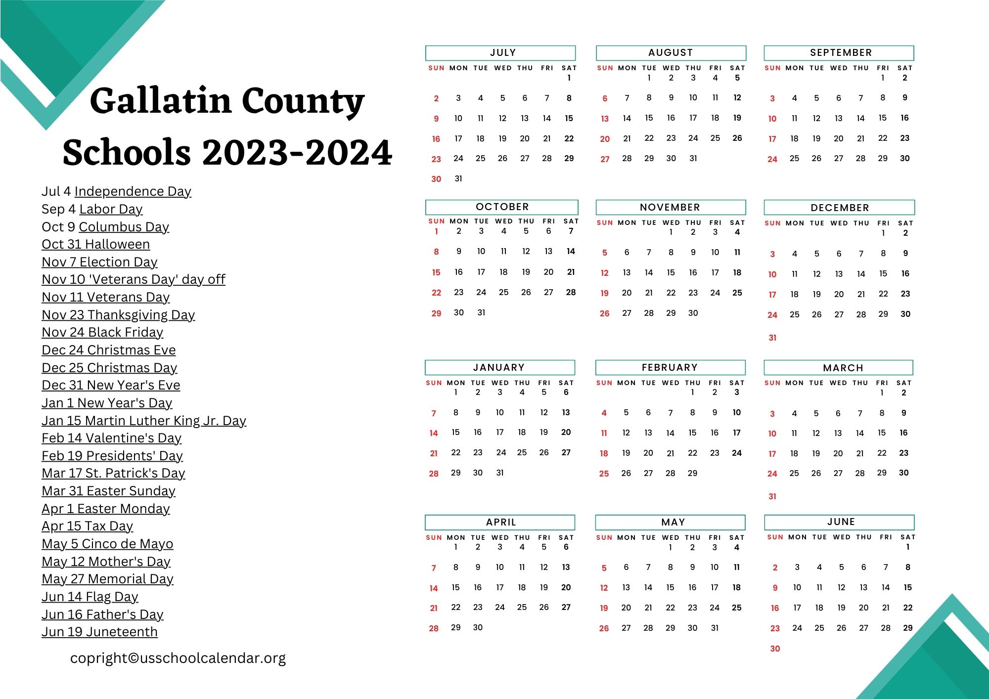 Gallatin County Schools Calendar with Holidays 20232024