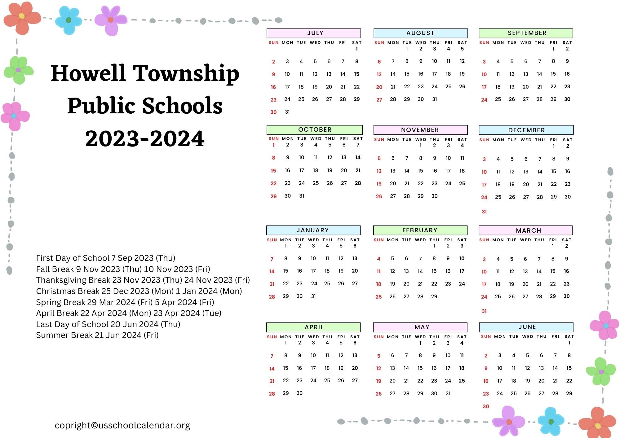 Howell Township Public Schools Calendar with Holidays 20232024