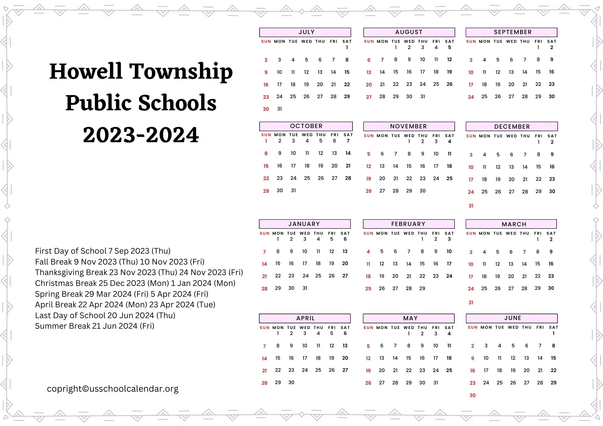 Howell Township Public Schools Calendar with Holidays 20232024