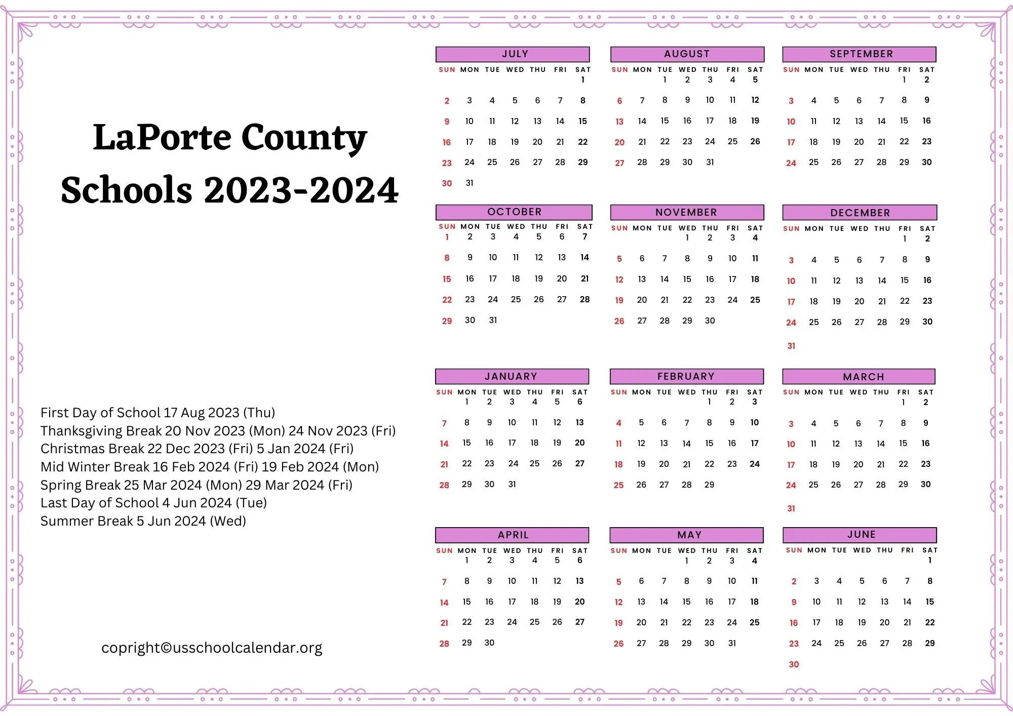 LaPorte County Schools Calendar with Holidays 20232024
