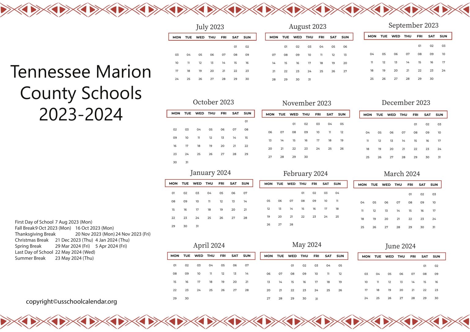 Tennessee Marion County Schools Calendar 20232024