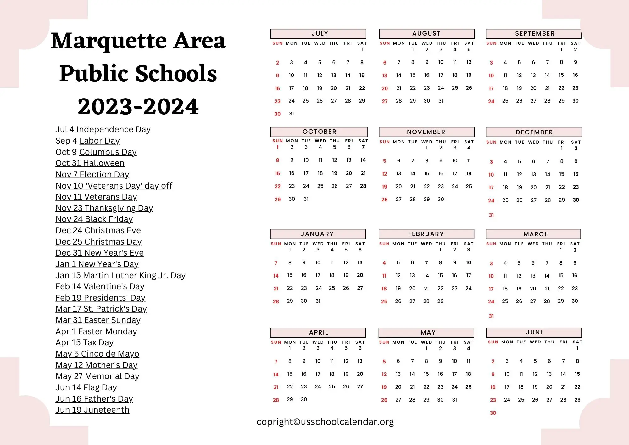 Marquette Area Public Schools Calendar with Holidays 20232024