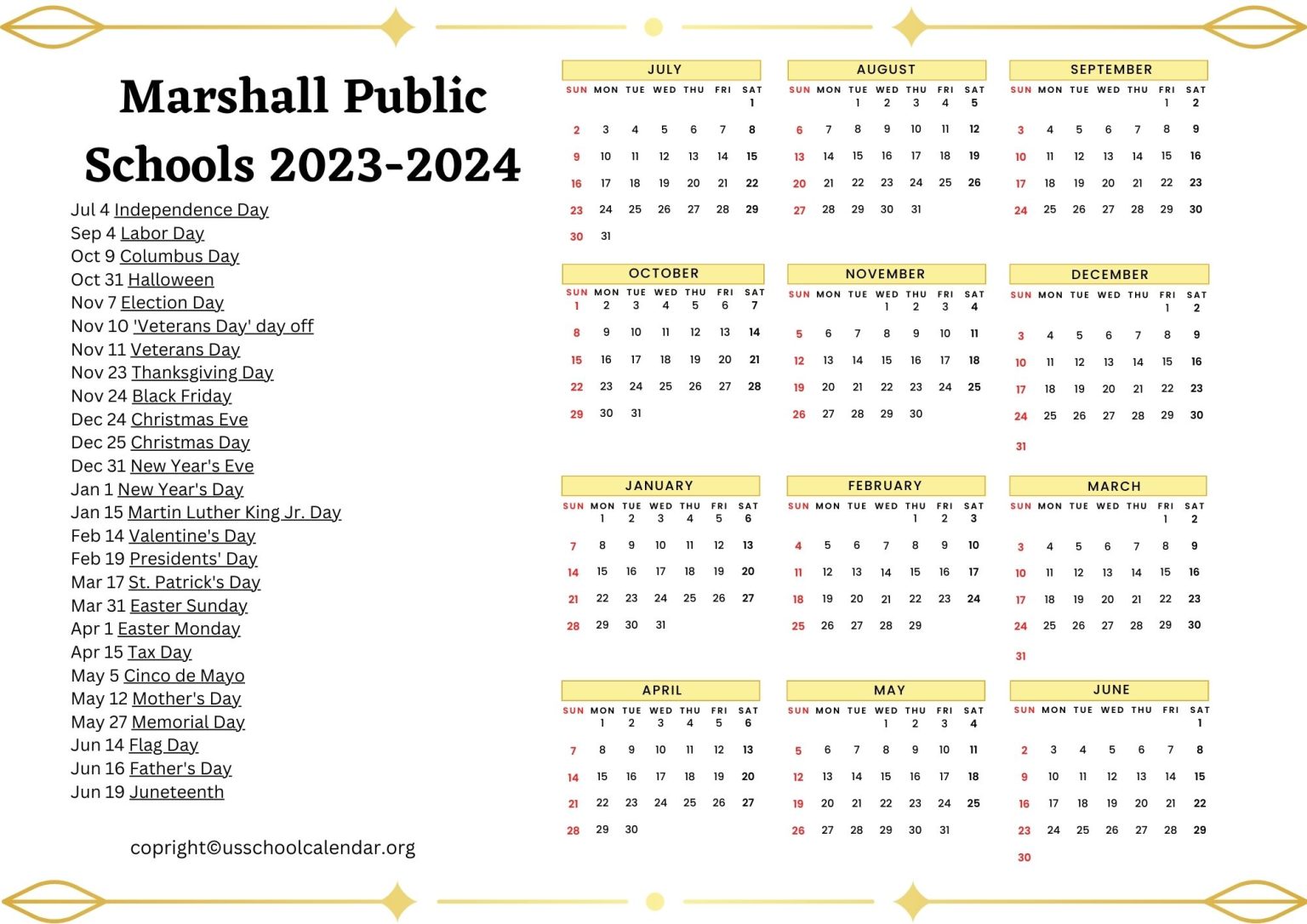 Marshall Public Schools Calendar with Holidays 20232024