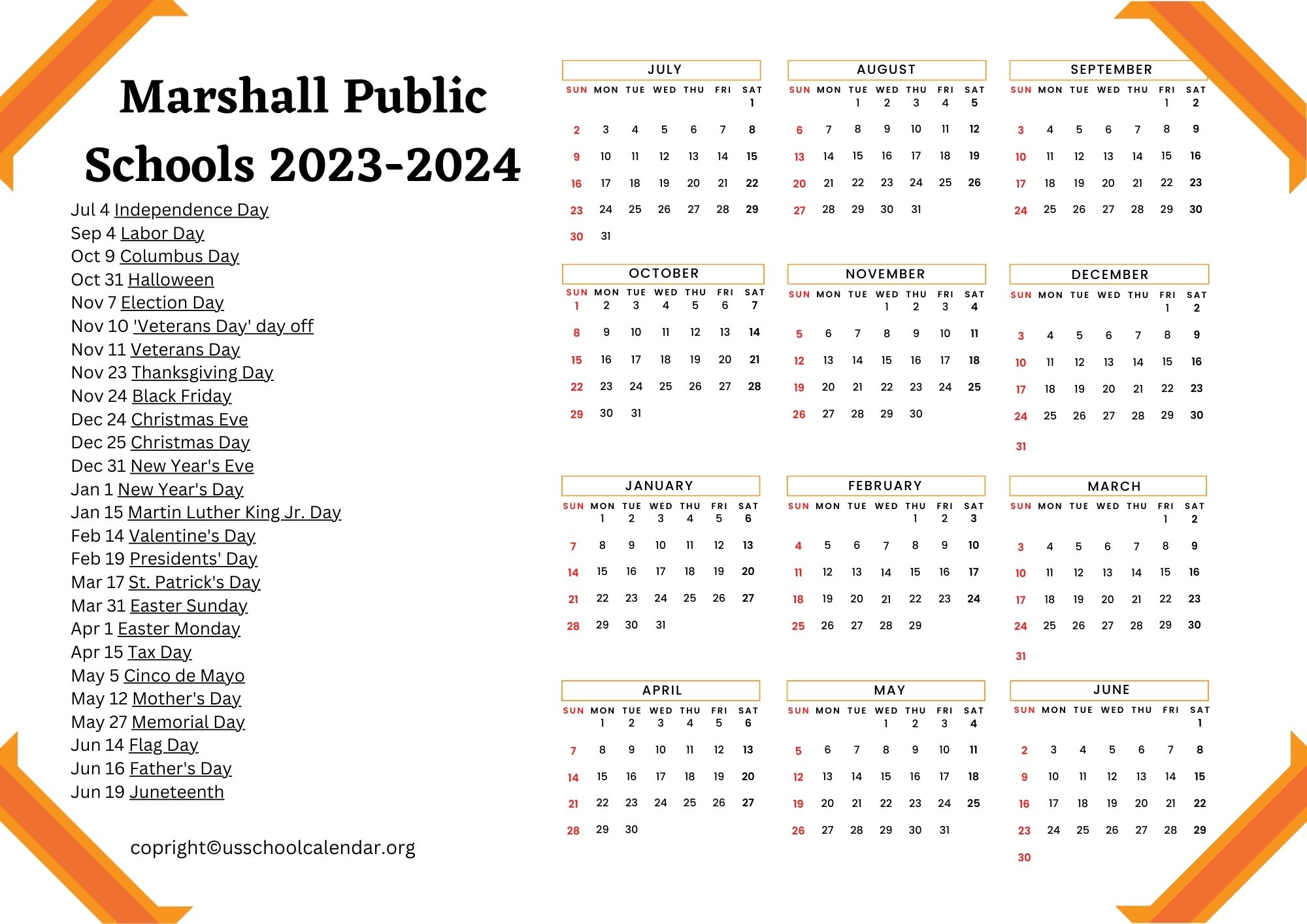 Marshall Public Schools Calendar with Holidays 20232024