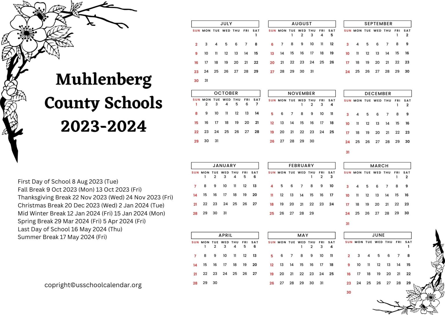 Muhlenberg County Schools Calendar with Holidays 2023 2024