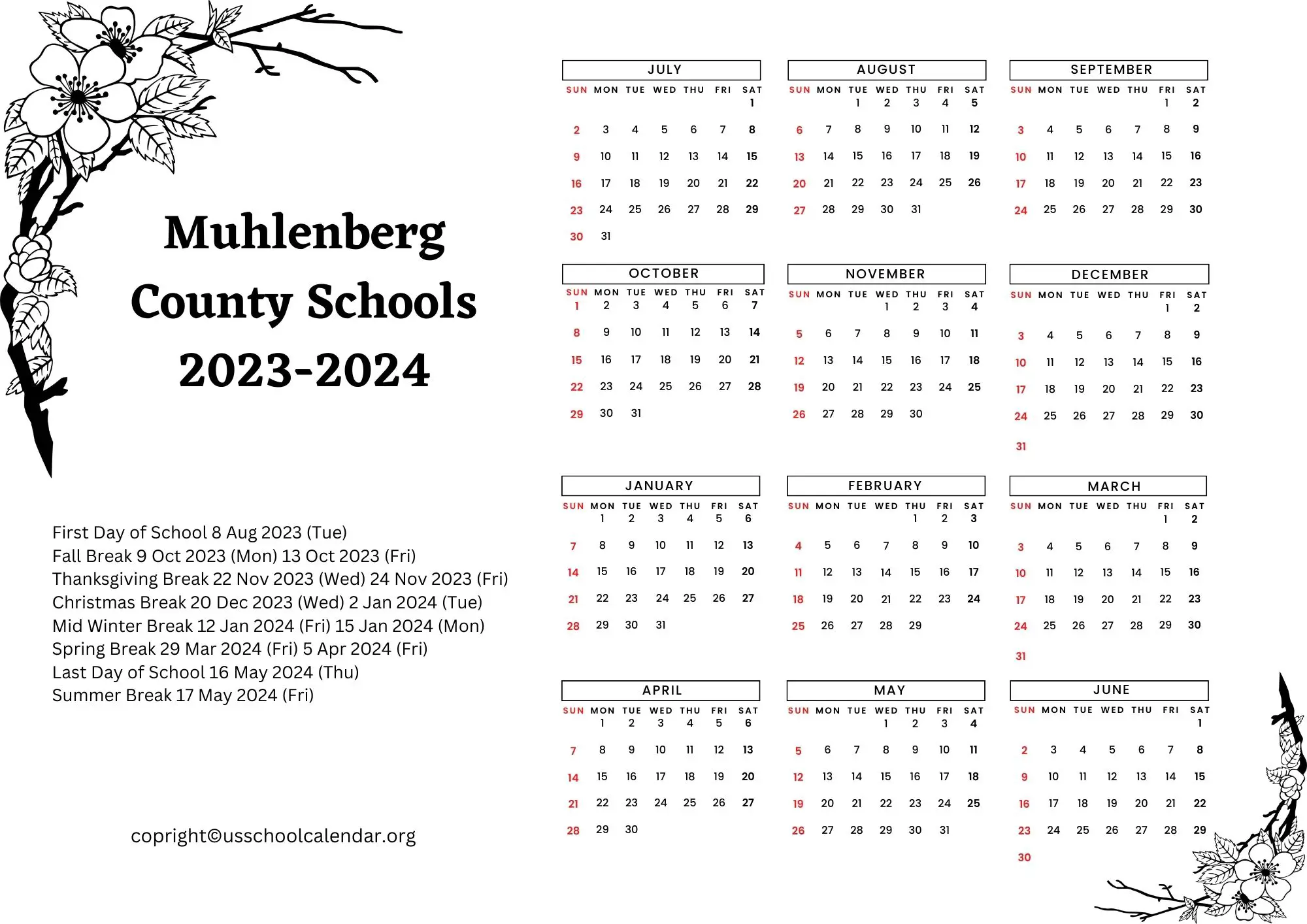 Muhlenberg County Schools Calendar with Holidays 20232024