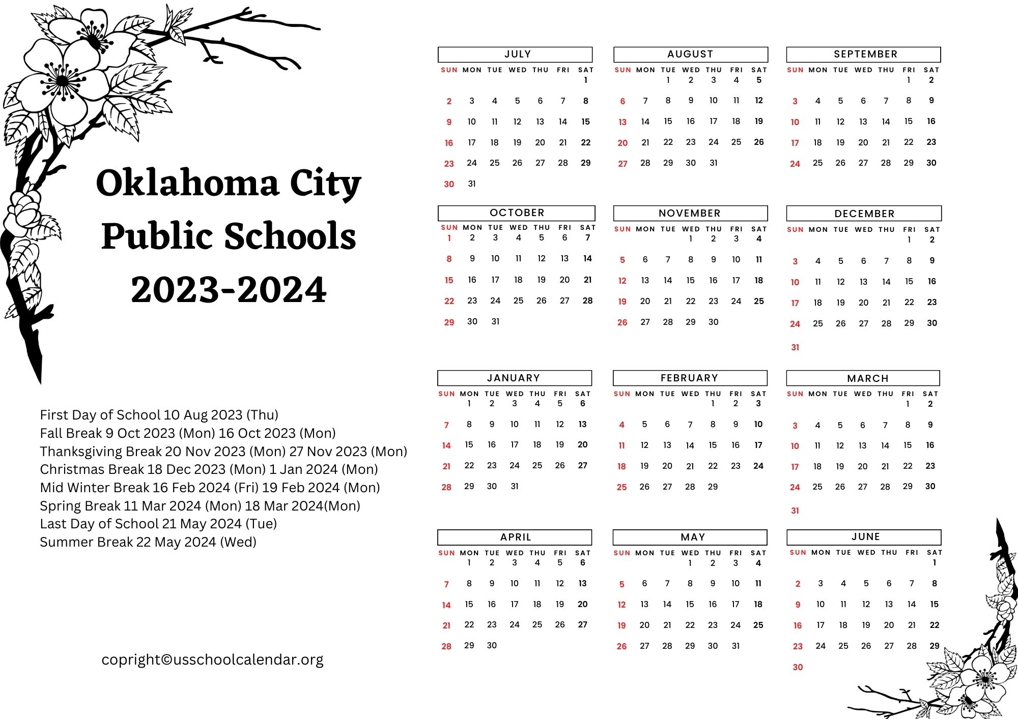 Oklahoma City Public Schools Calendar with Holidays 20232024