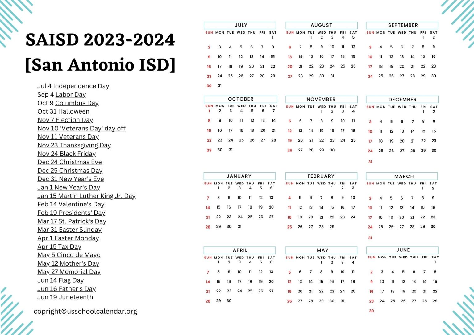 SAISD Calendar with Holidays 20232024 [San Antonio ISD]