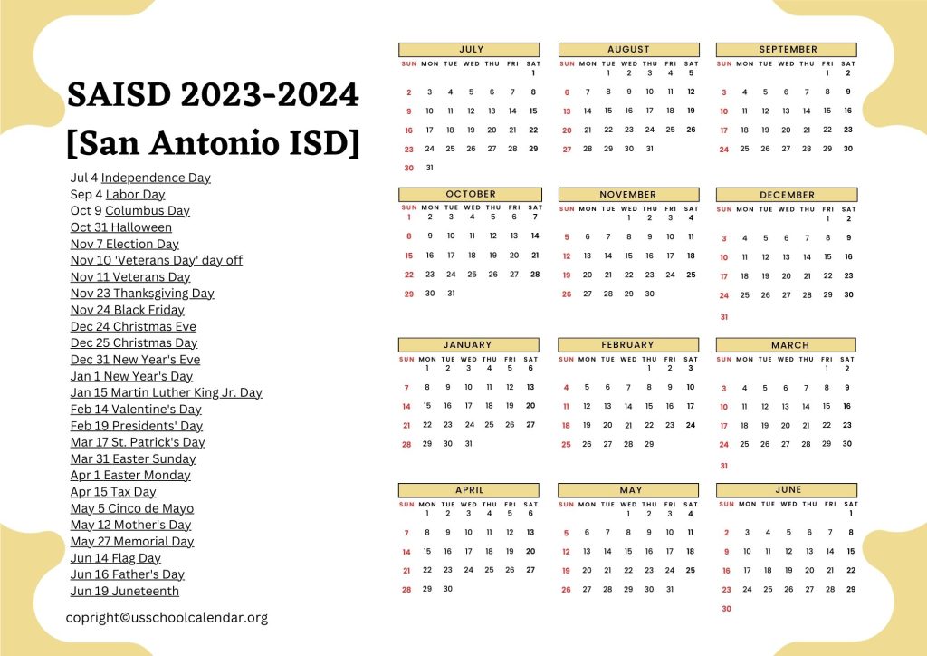 San Antonio Independent School District calendar [SAISD]