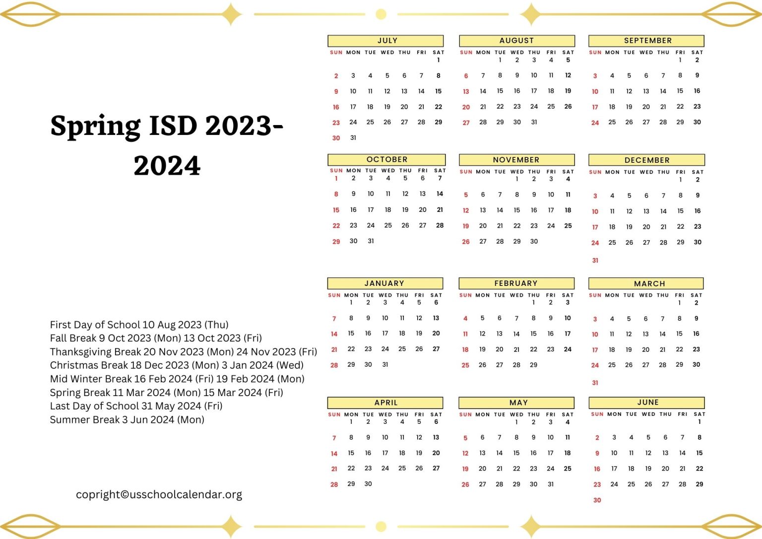 Spring ISD Calendar with Holidays 20232024