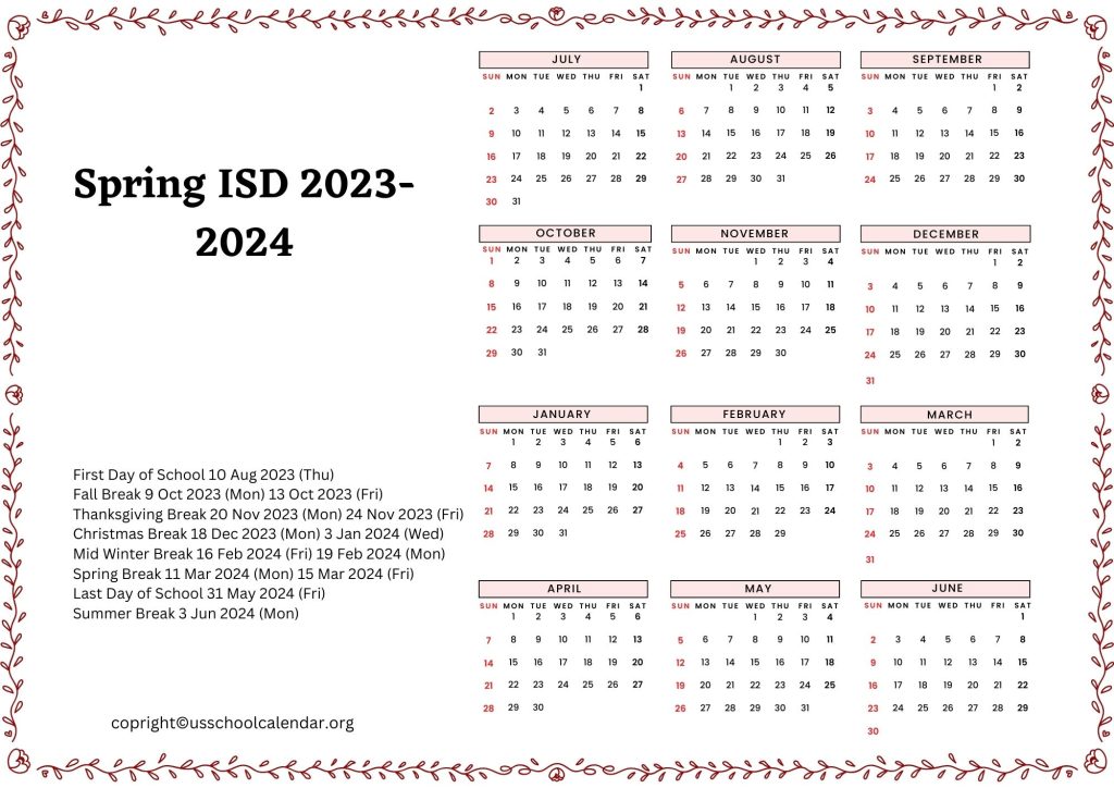 Spring ISD Holiday Calendar