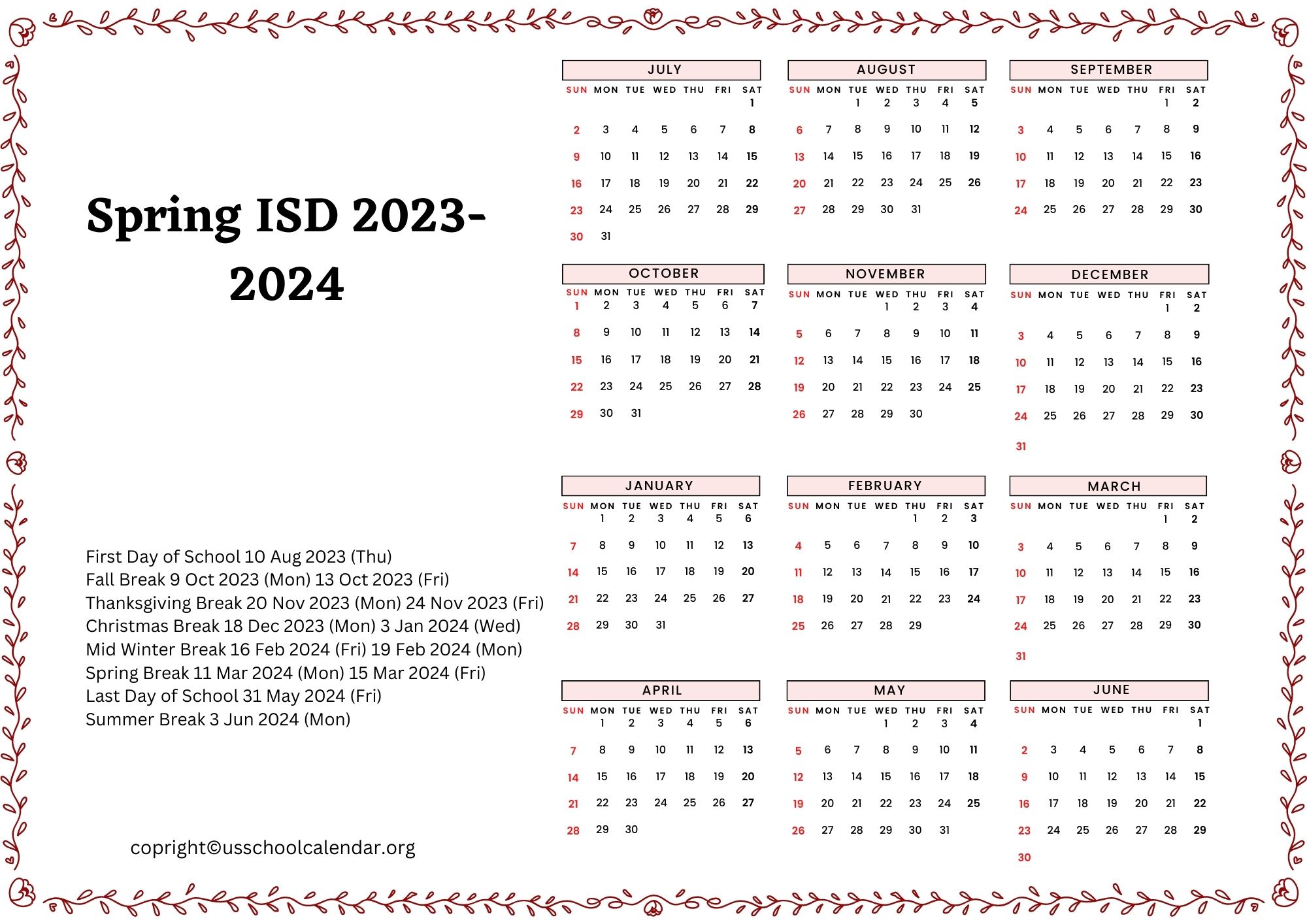 Spring ISD Calendar with Holidays 20232024