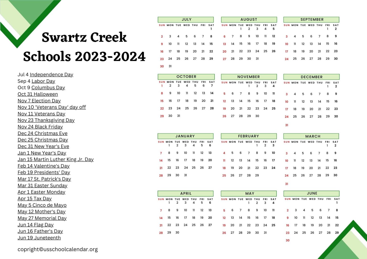 Swartz Creek Schools Calendar with Holidays 20232024