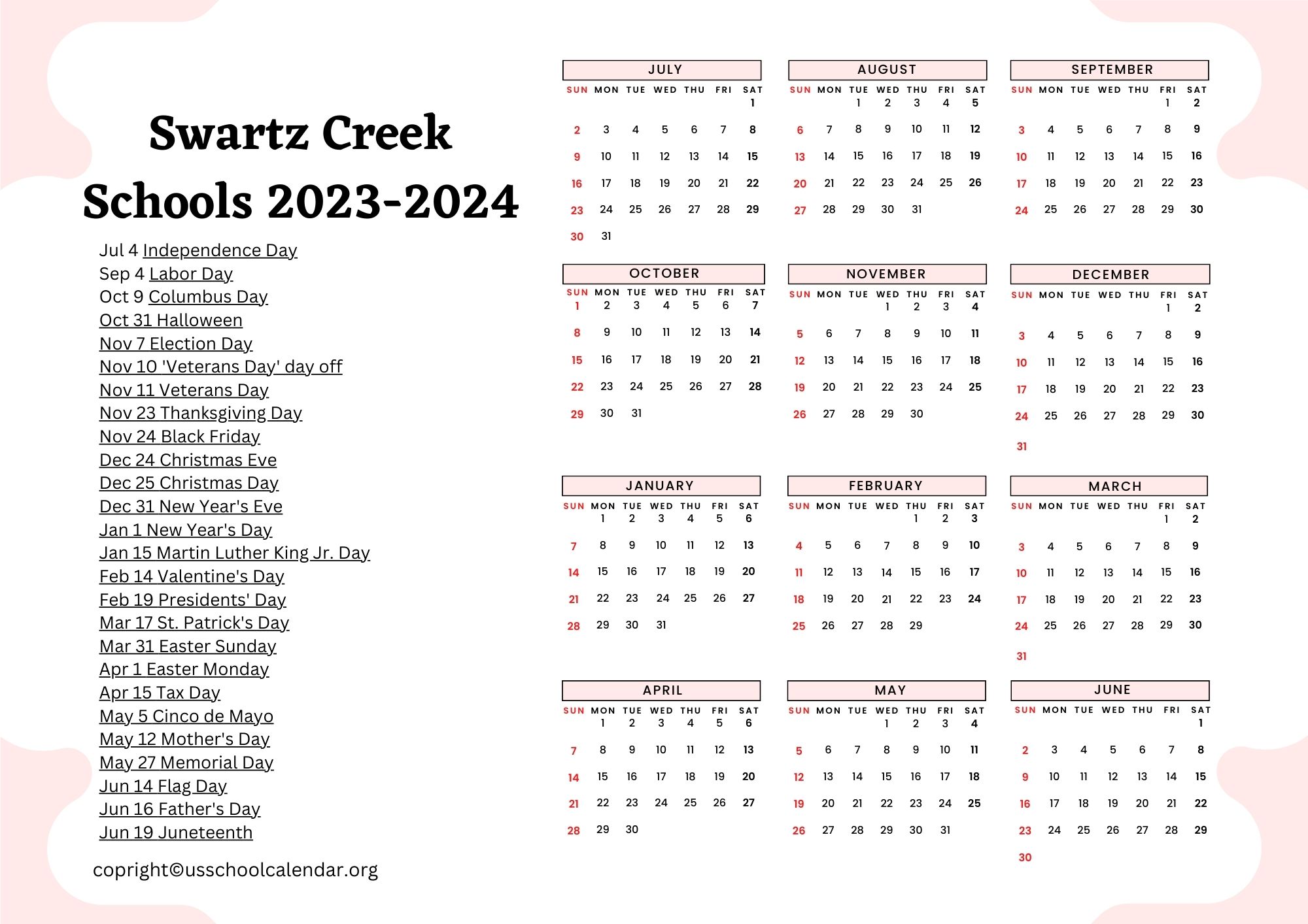 Swartz Creek Schools Calendar with Holidays 20232024