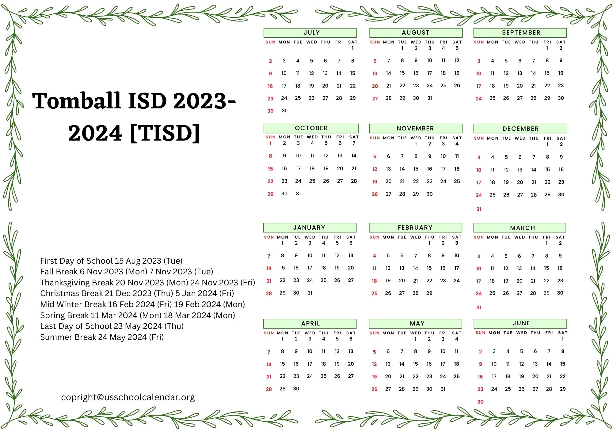 Tomball ISD Calendar with Holidays 20232024 [TISD]