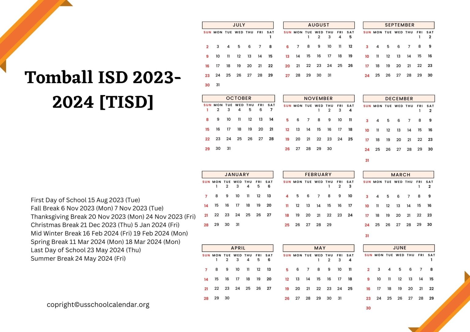 Tomball ISD Calendar with Holidays 20232024 [TISD]