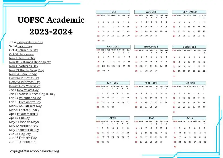 UOFSC Academic Calendar with Holidays 20232024