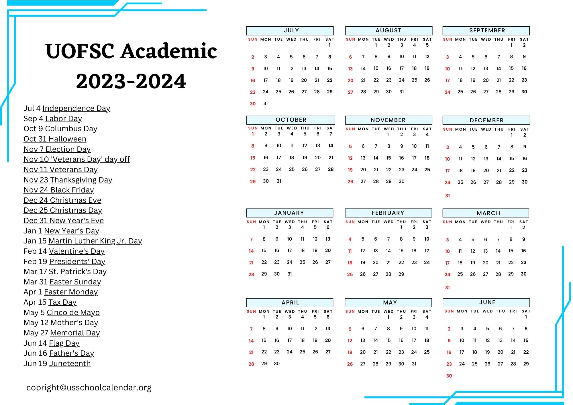 UOFSC Academic Calendar with Holidays 2023-2024
