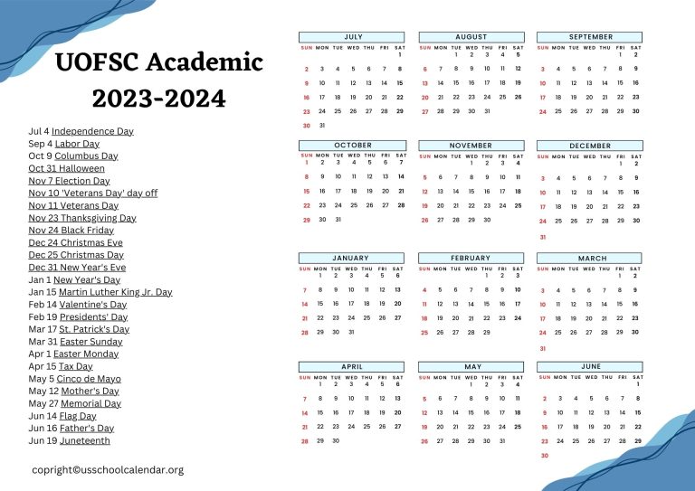 UOFSC Academic Calendar with Holidays 2023 2024