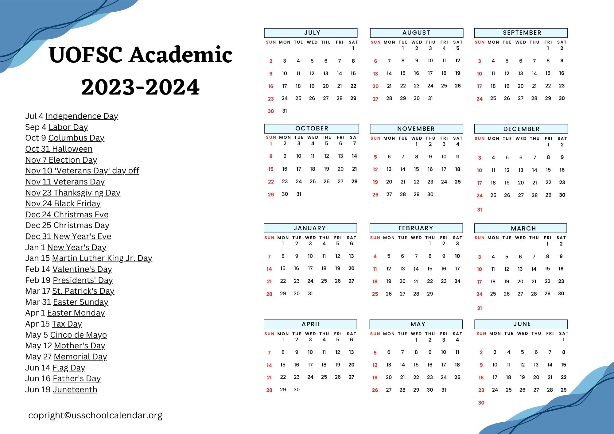 UOFSC Academic Calendar with Holidays 20232024