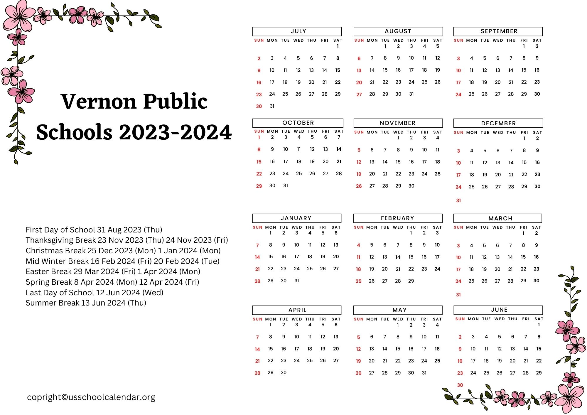 Vernon Public Schools Calendar with Holidays 20232024