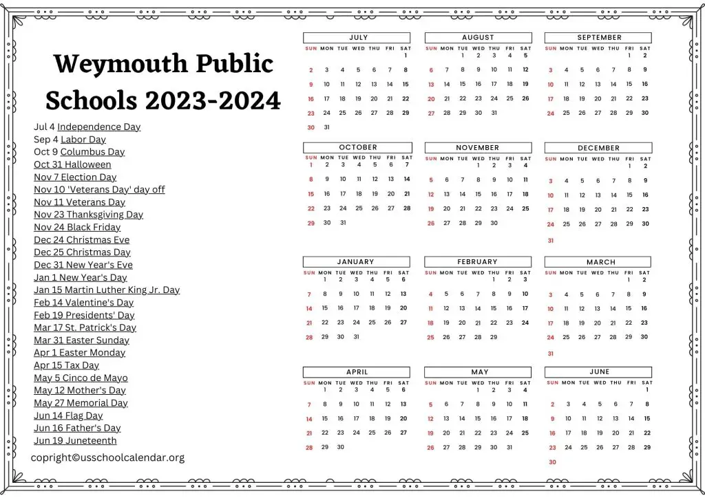 Weymouth Public Schools Calendar