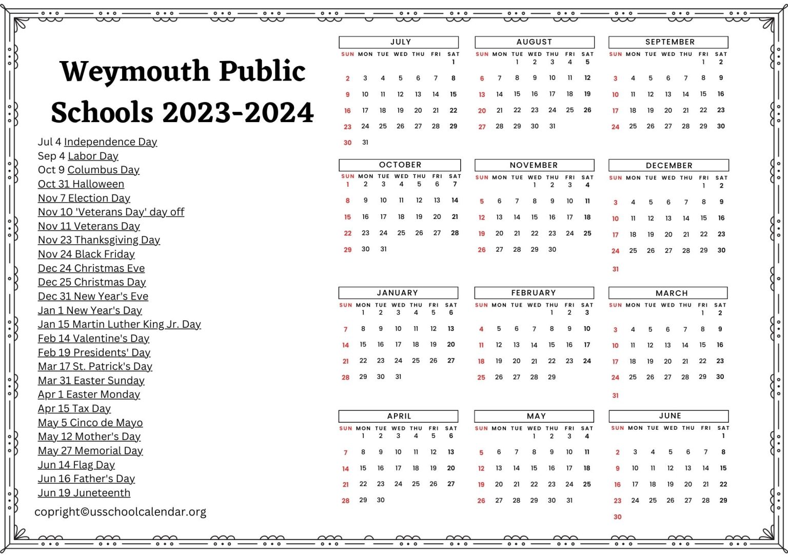 Weymouth Public Schools Calendar with Holidays 20232024