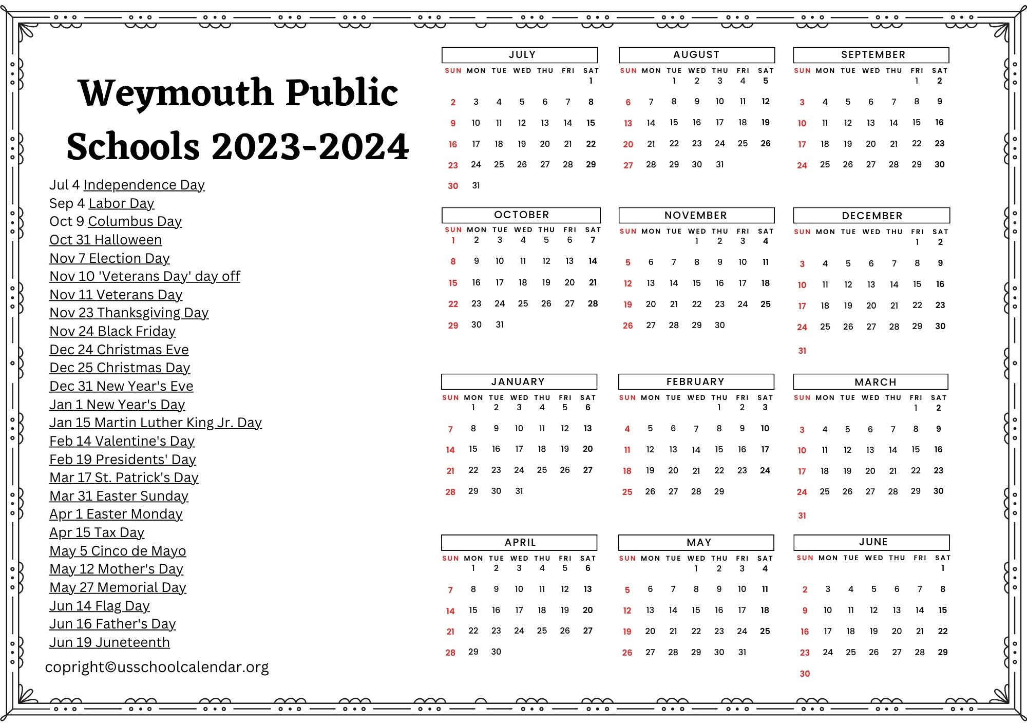 Weymouth Public Schools Calendar with Holidays 20232024