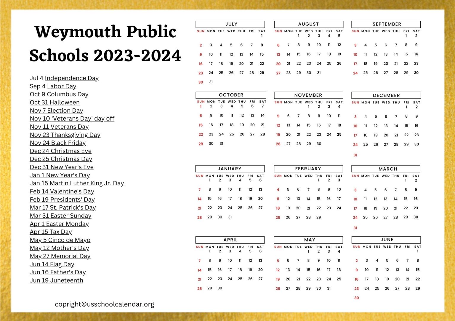 Weymouth Public Schools Calendar with Holidays 20232024