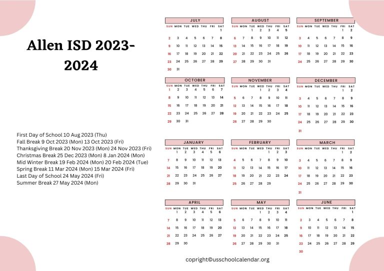 Allen ISD Calendar with Holidays 20232024