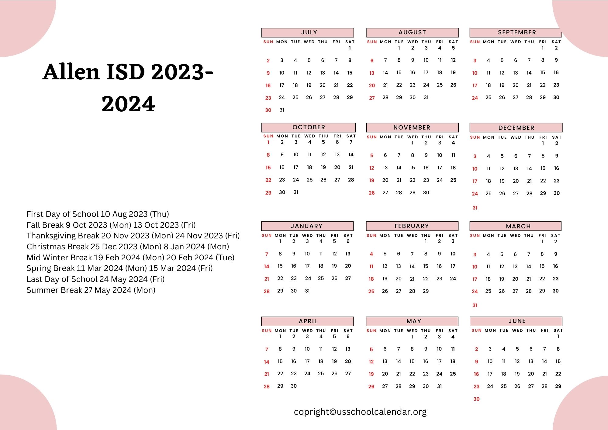 Allen ISD Calendar with Holidays 20232024