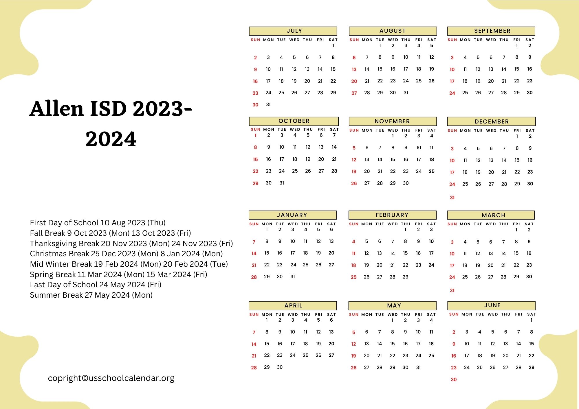 Allen ISD Calendar with Holidays 20232024