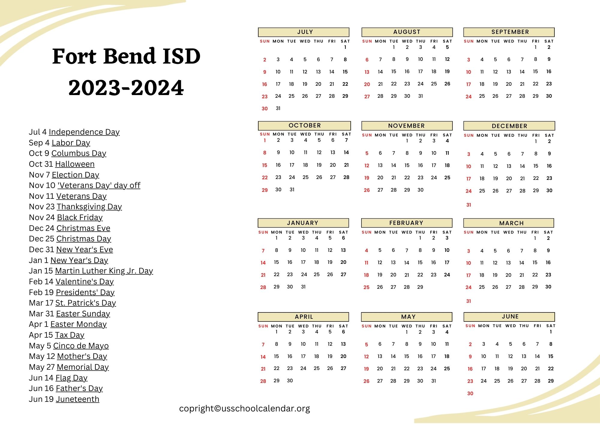 Fort Bend ISD Calendar with Holidays 20232024