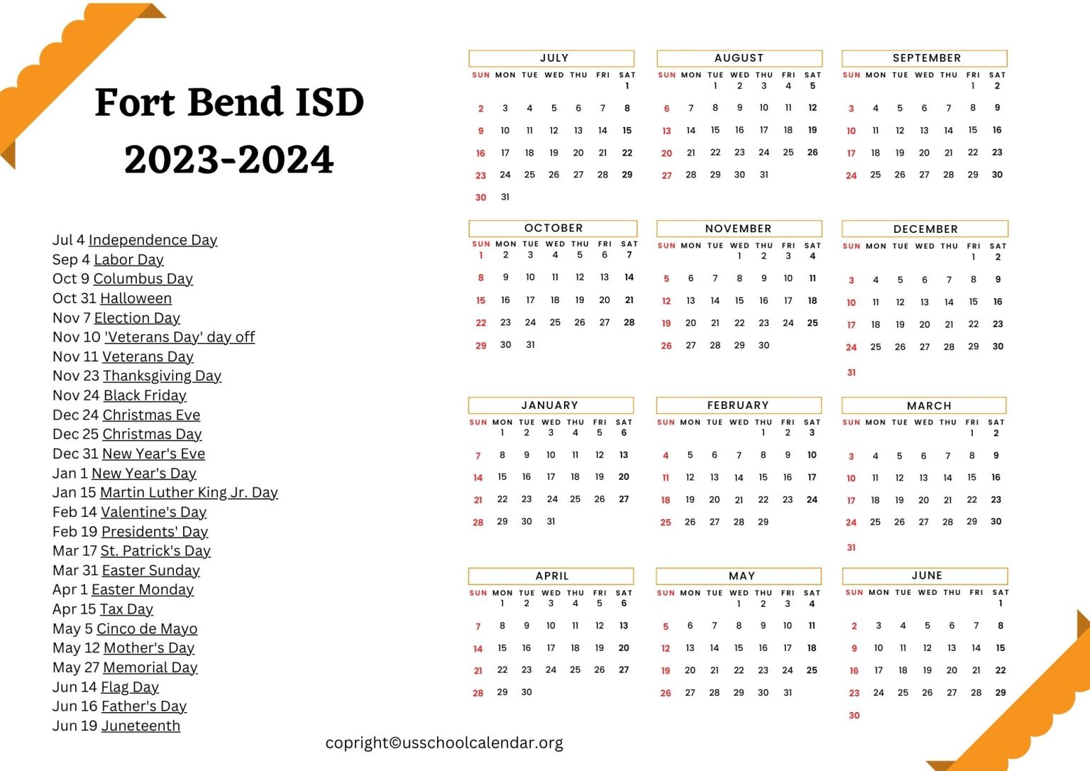Fort Bend ISD Calendar with Holidays 20232024