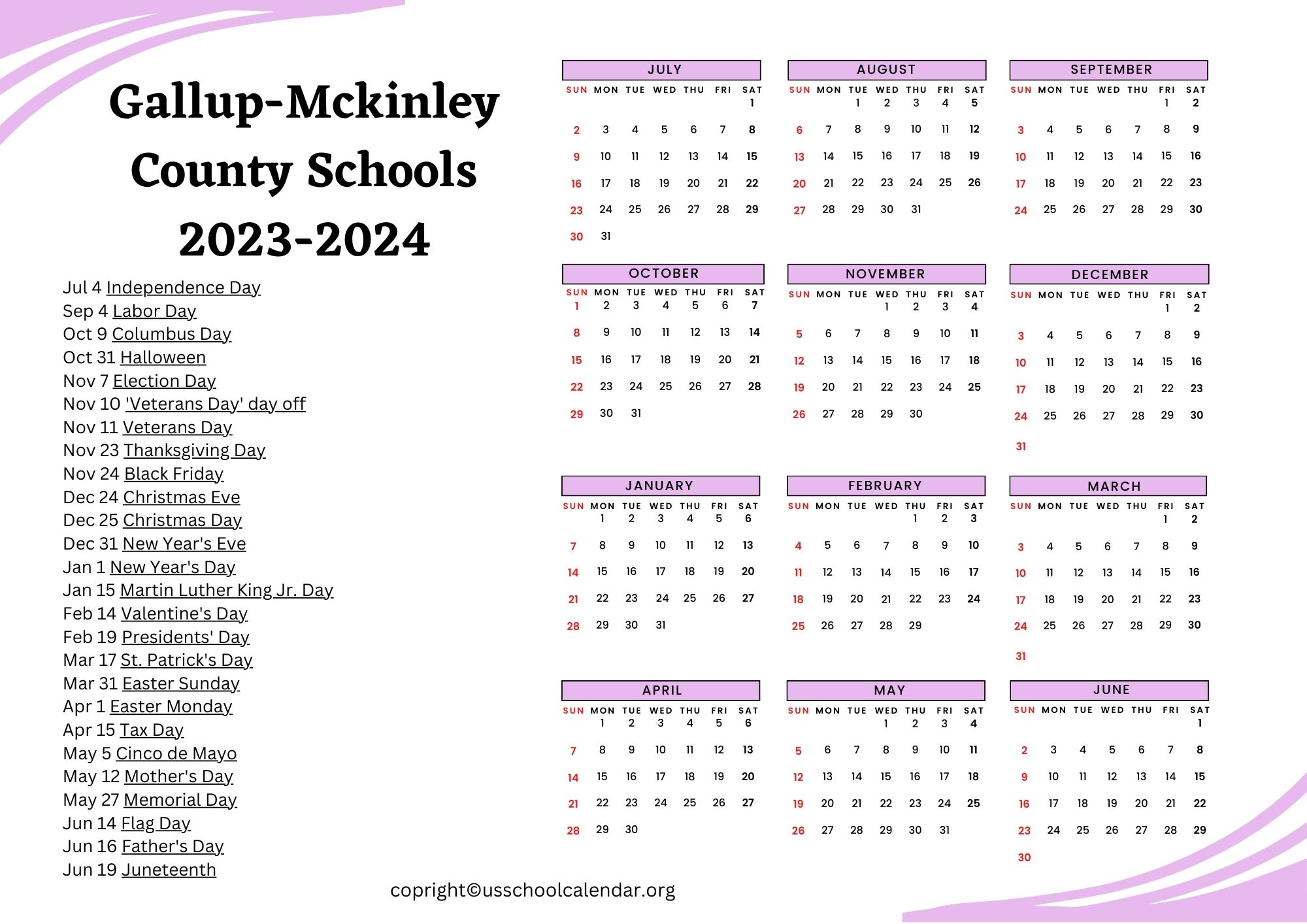 GallupMckinley County Schools Calendar Holidays 20232024