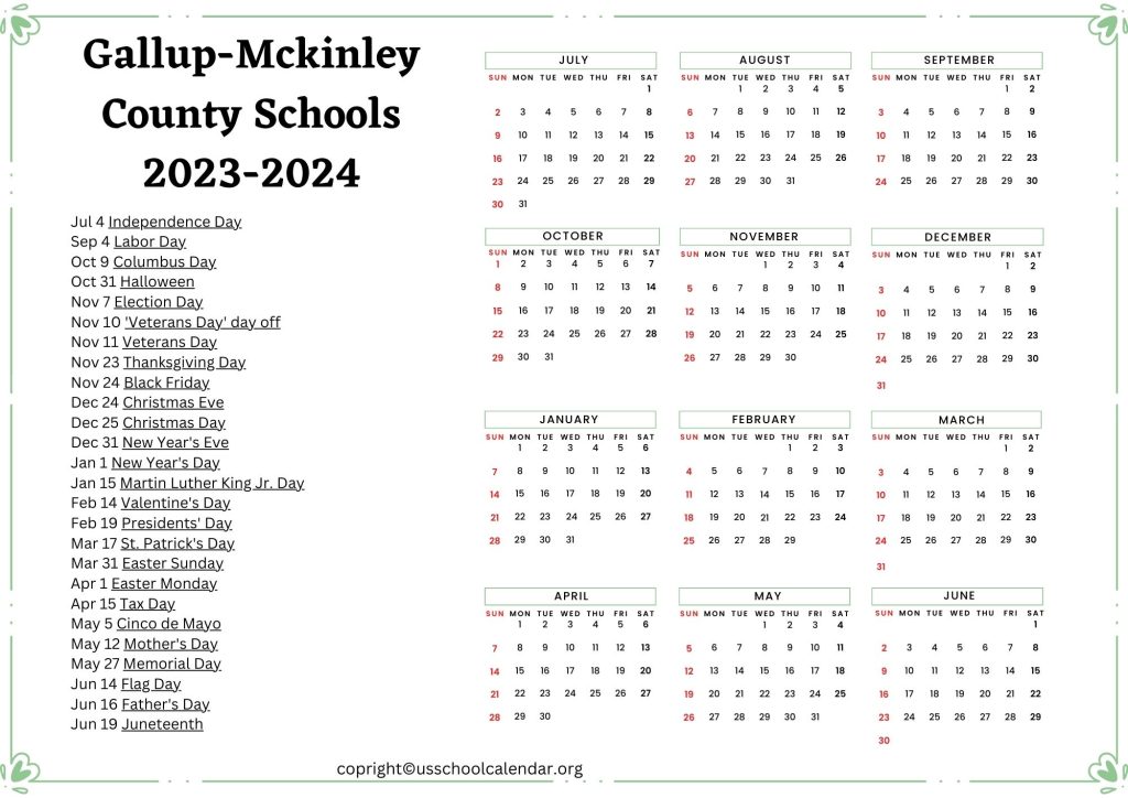 Gallup School Calendar
