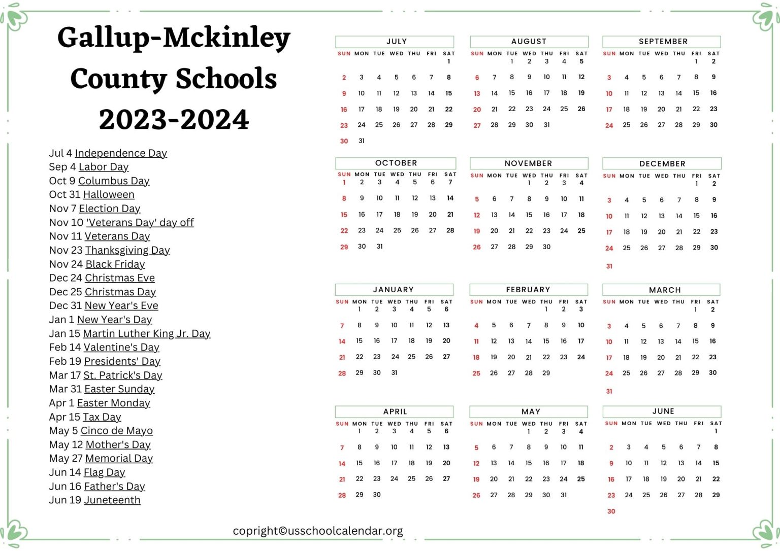 GallupMckinley County Schools Calendar Holidays 20232024