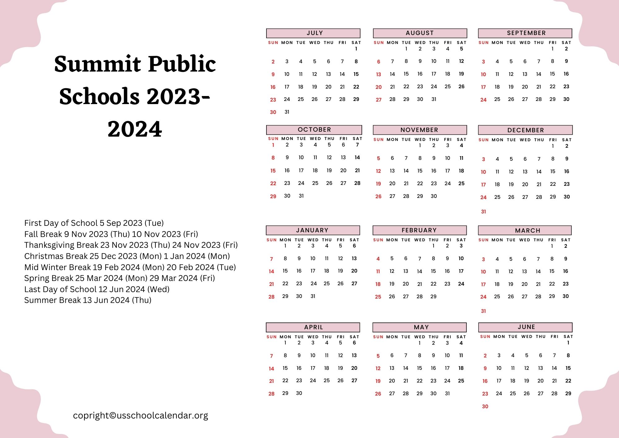 Summit Public Schools Calendar with Holidays 20232024